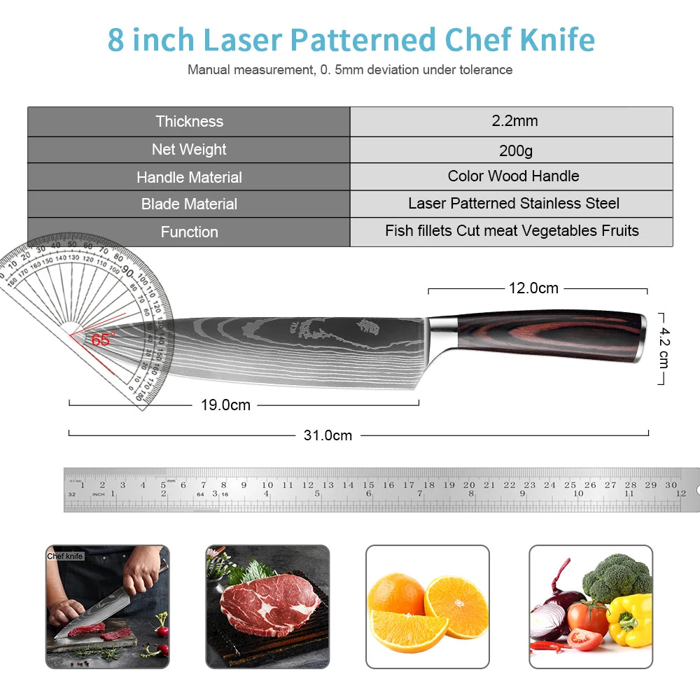 High quality 440C German Steel Kitchen Knife Damascus Laser Pattern Chef Knife Cleaver Filleting Santoku Knife Best Kitchen Tool