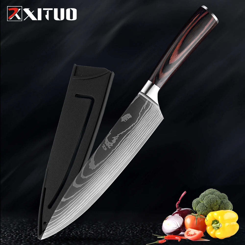 High quality 440C German Steel Kitchen Knife Damascus Laser Pattern Chef Knife Cleaver Filleting Santoku Knife Best Kitchen Tool